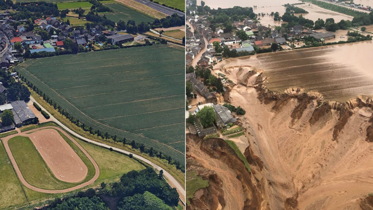 Děsivý obraz města Erftstadt-Blessem před a po bleskových povodních. 