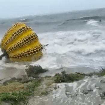 Bouře smetla sochu dýně v Japonsku do moře