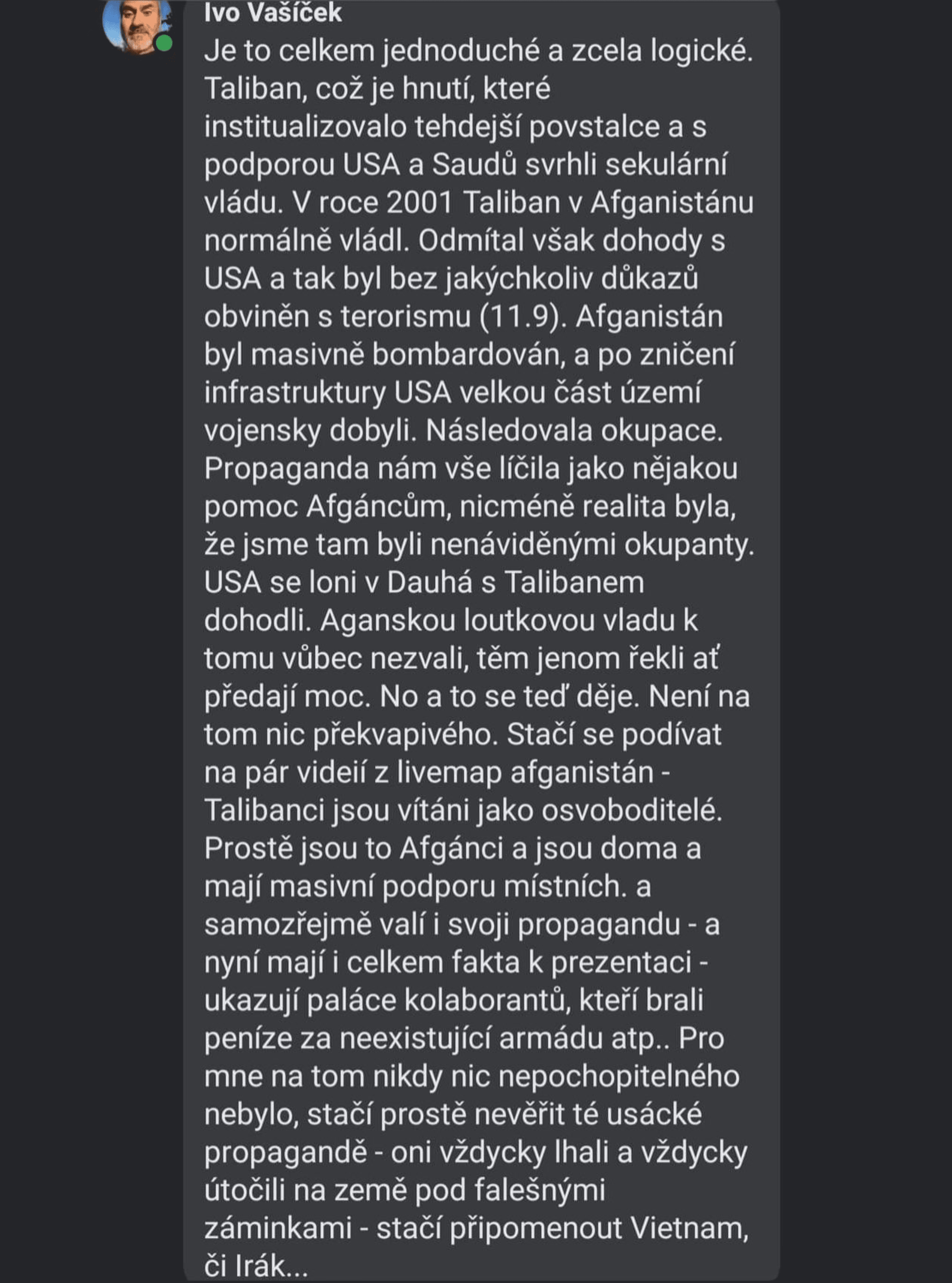 Příspěvek Ivo Vašíčka. Zdroj: Facebook Ivo Vašíček