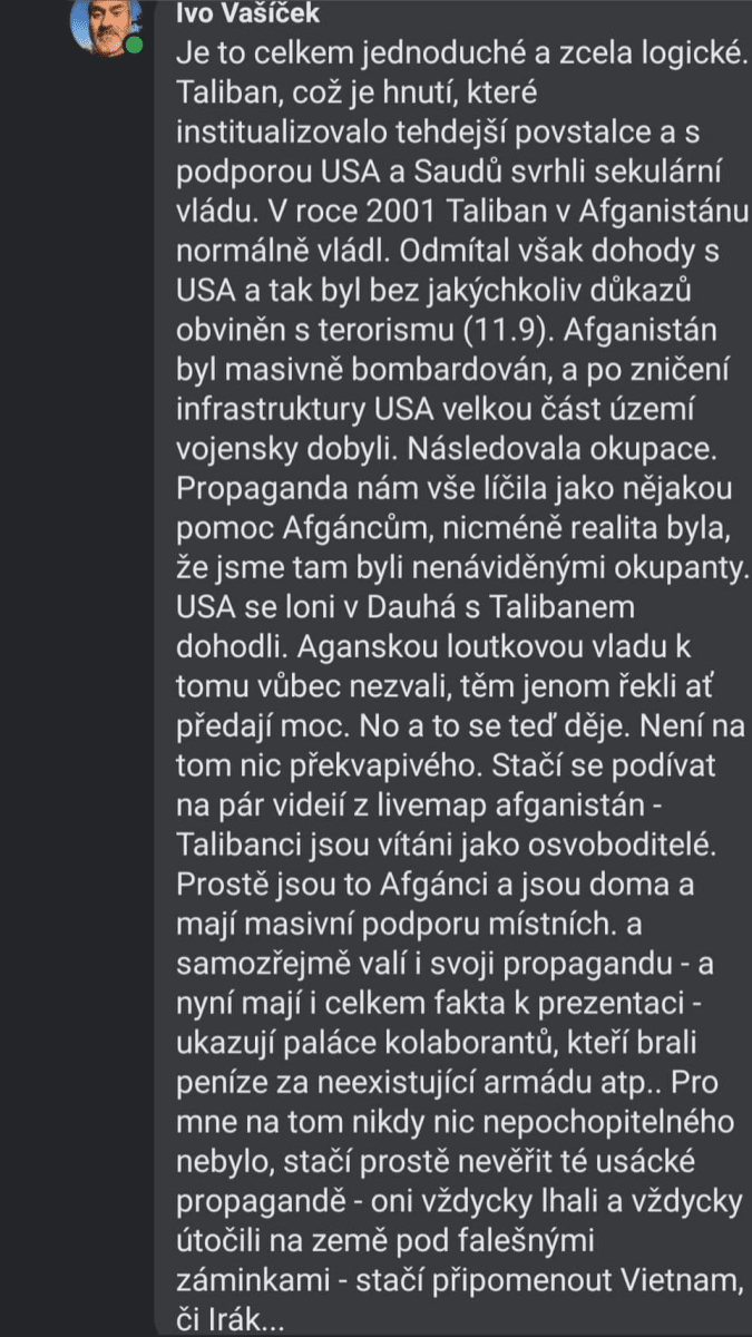 Příspěvek Ivo Vašíčka. Zdroj: Facebook Ivo Vašíček