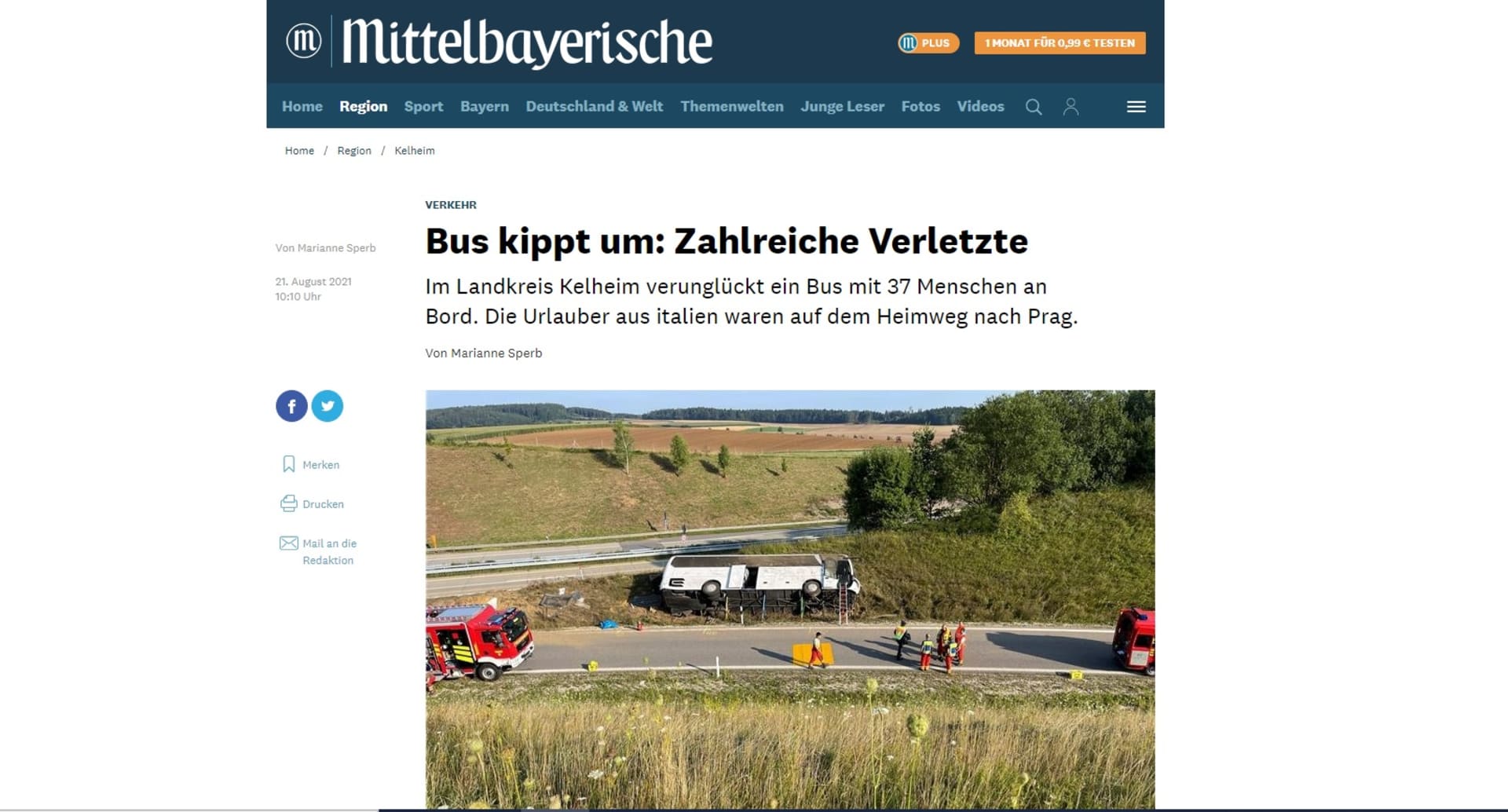 V Německu havaroval autobus s českými turisty. Autor fotografie: Mittelbayerische.de