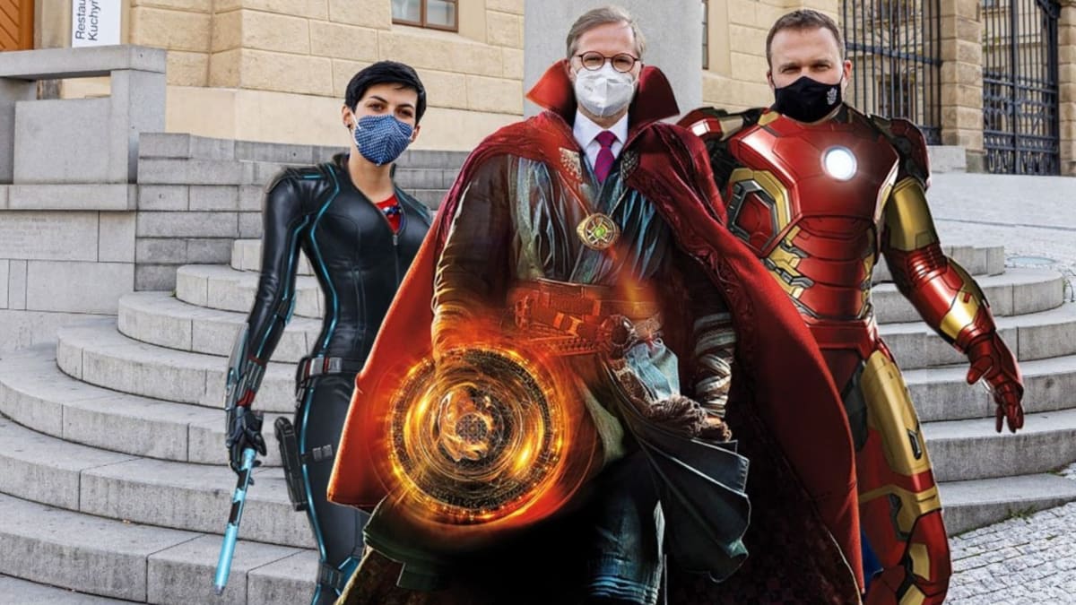 Markéta Pekarová Adamová (TOP 09), Petr Fiala (ODS) a Marian Jurečka (KDU-ČSL) jako superhrdinové ze světa Avengers