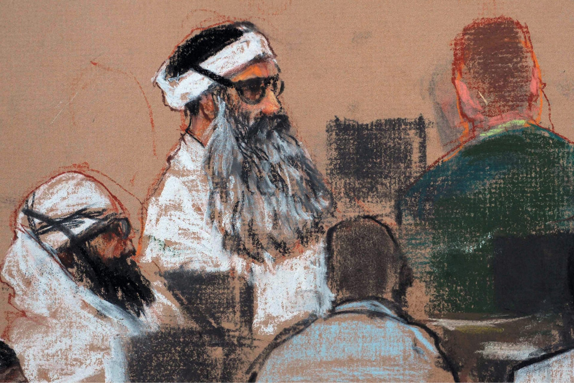 Chálid Šajch Muhammad na kresbě při předsoudním líčení na Guantánamu v prosinci 2008. 