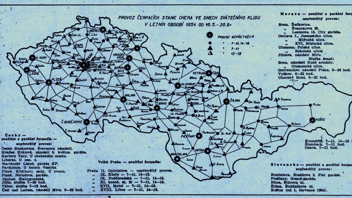 Takto vypadala síť čerpacích stanic v Československu v roce 1954.