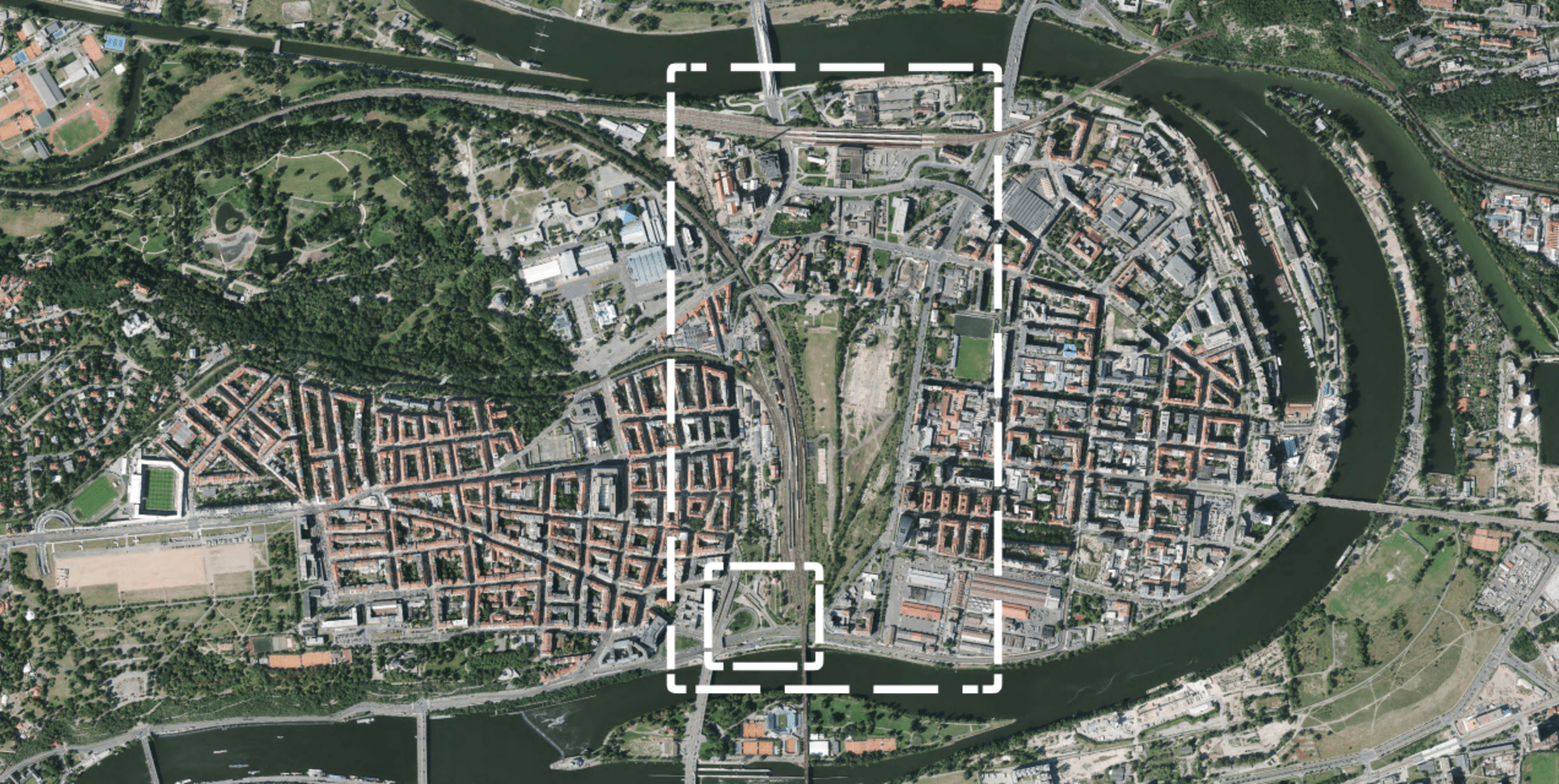 Vymezení oblasti, kde by měla stát Vltavská filharmonie v Praze.