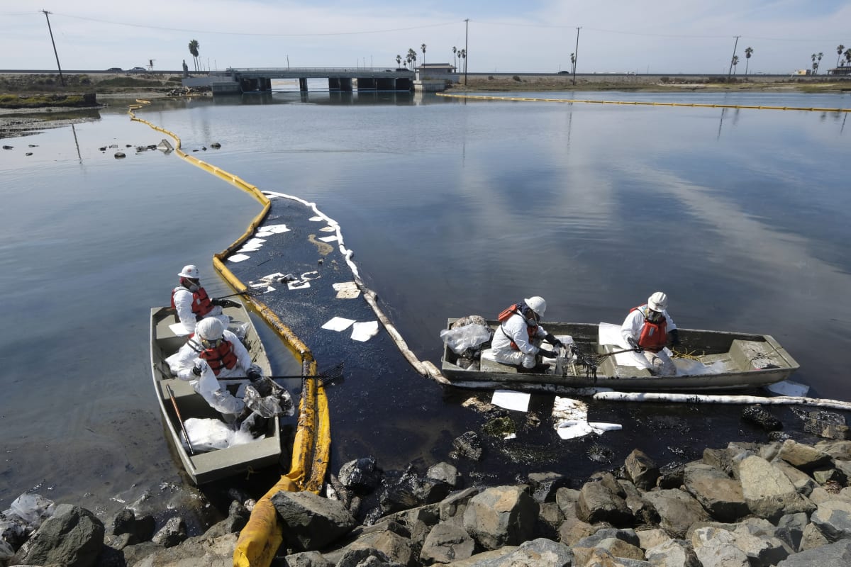 Úřady se snaží zastavit šíření ropy a černé zlato odstraňují z mořské hladiny.