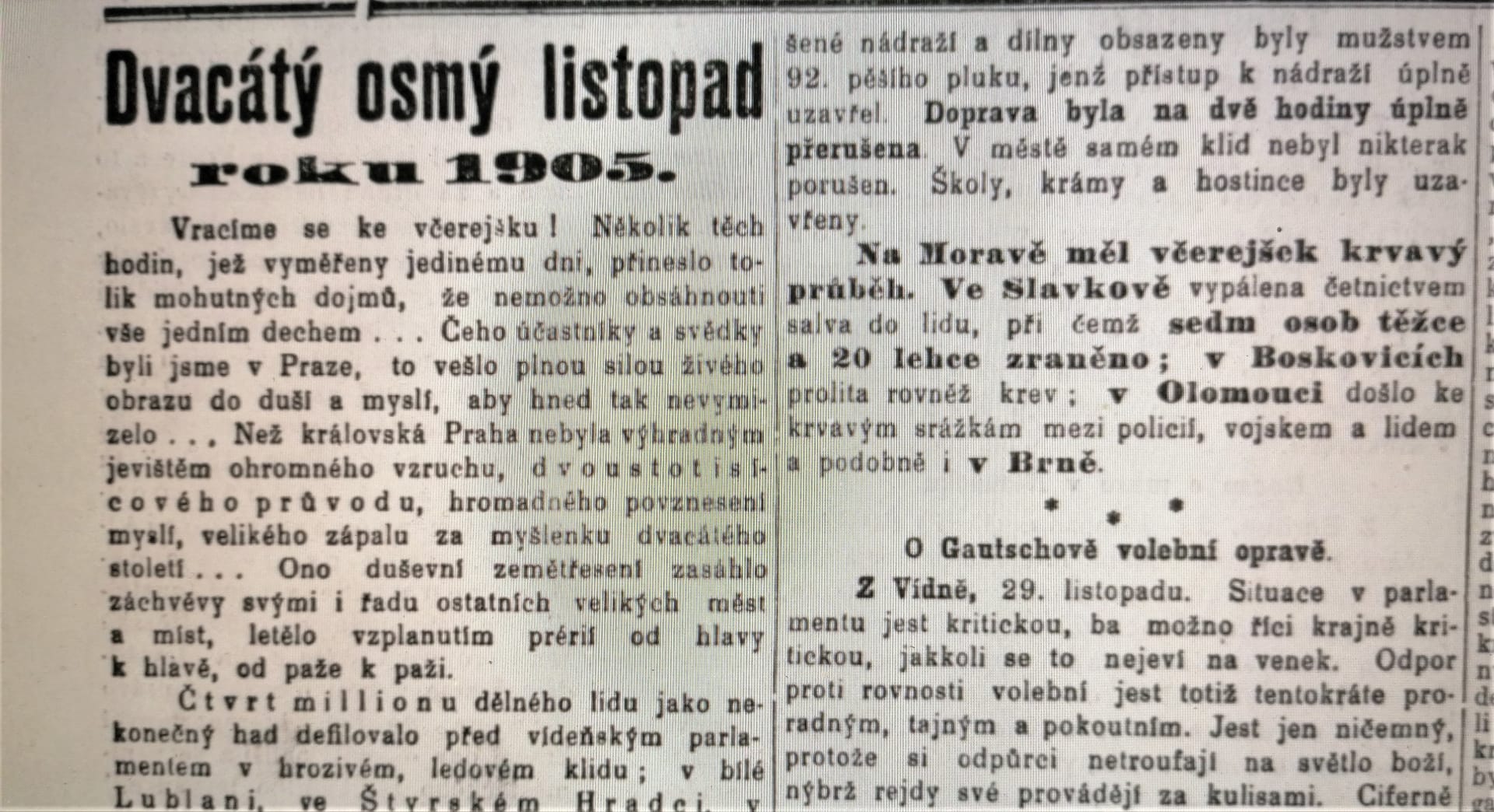 Zpravodajství Národních listů o demonstracích za svobodné volby v listopadu 1905
