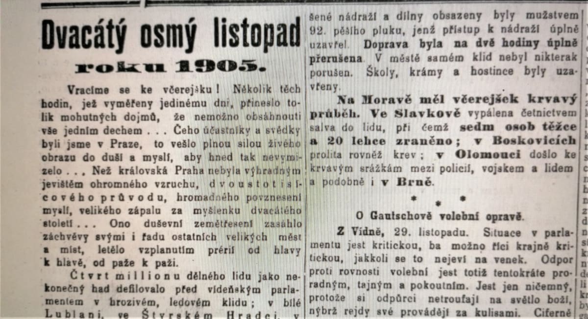 Zpravodajství Národních listů o demonstracích za svobodné volby v listopadu 1905