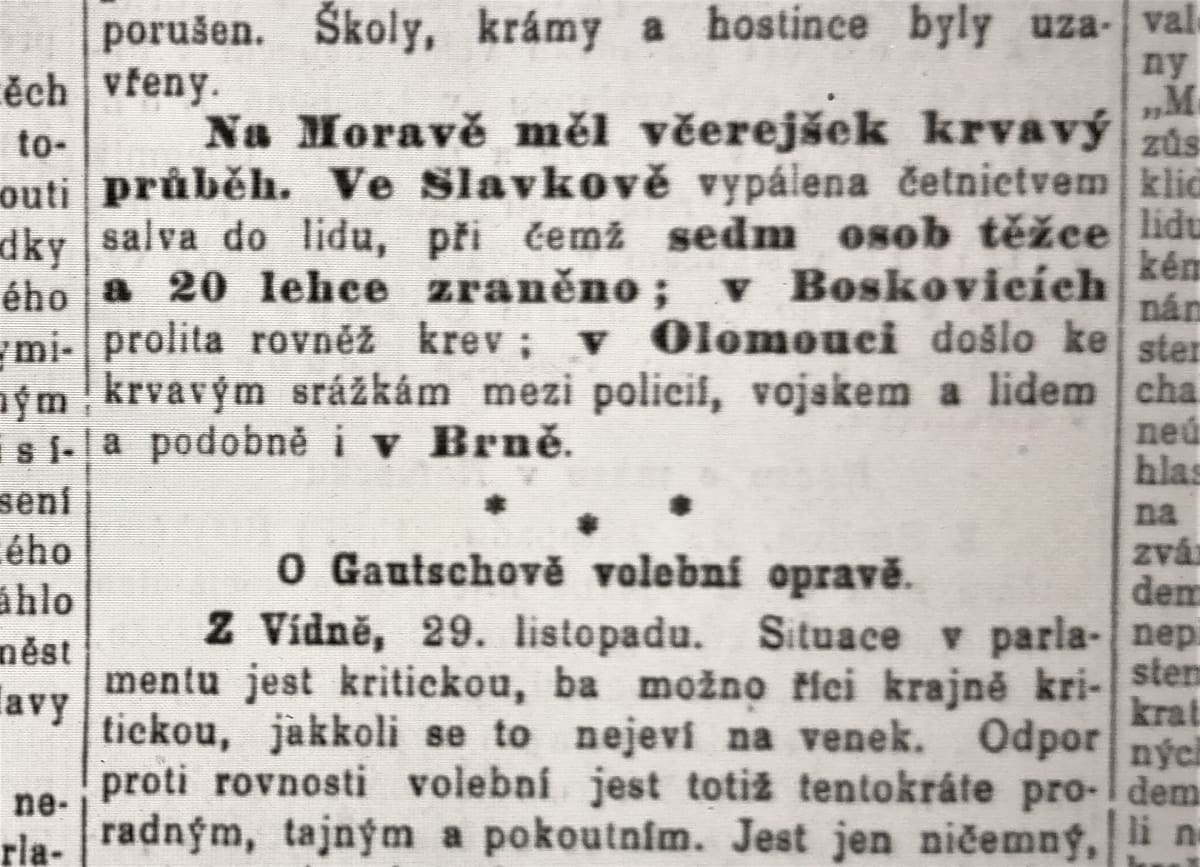 Zpravodajství Národních listů o krveprolití při demonstracích za svobodné volby v listopadu 1905. Zdroj Národní digitální knihovna.