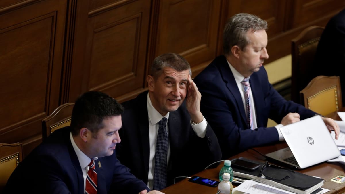 Premiér Andrej Babiš (uprostřed) během schůze v Poslanecké sněmovny.