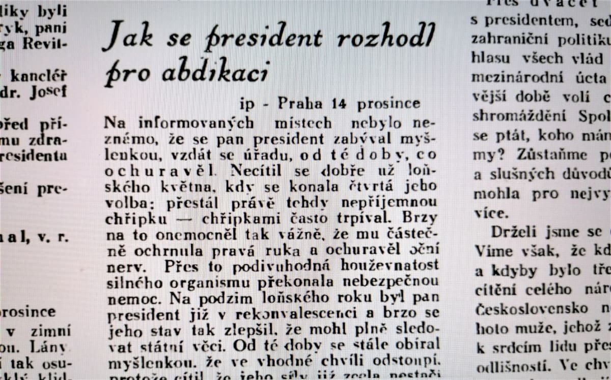 Zpráva o důvodech k abdikaci prezidenta Masaryka z prosince 1935. O skutečných zdravotních problémech se ale veřejnost nedozvěděla.