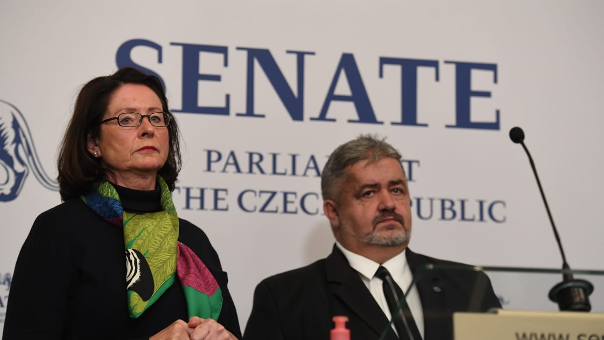 Senátoři Miroslava Němcová a Michael Canov na tiskové konferenci