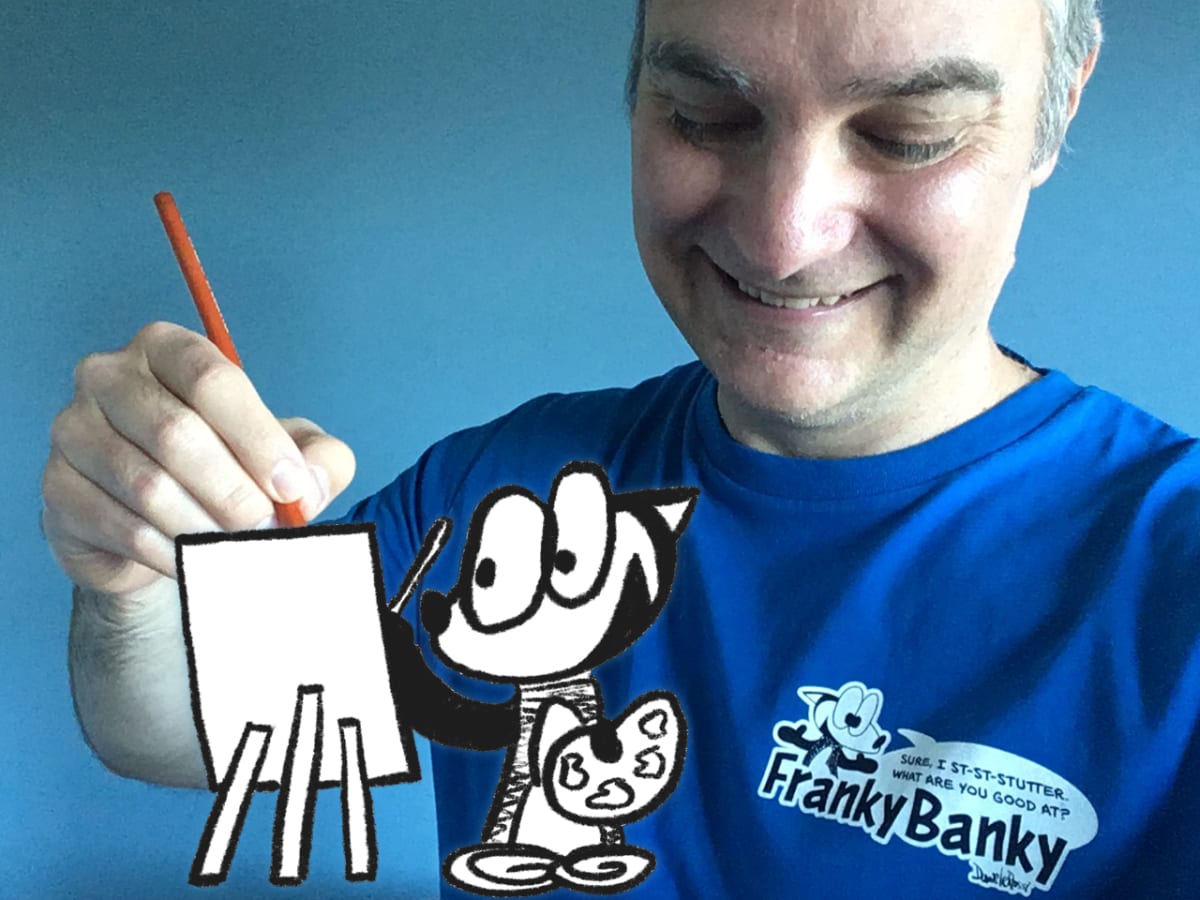 Kanadský ilustrátor Daniele Rossi se svým Frankym Bankym, koktajícím lišákem. 