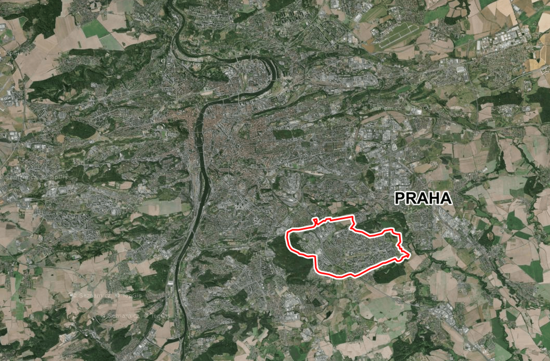 Jižní Město vyznačené na letecké mapě