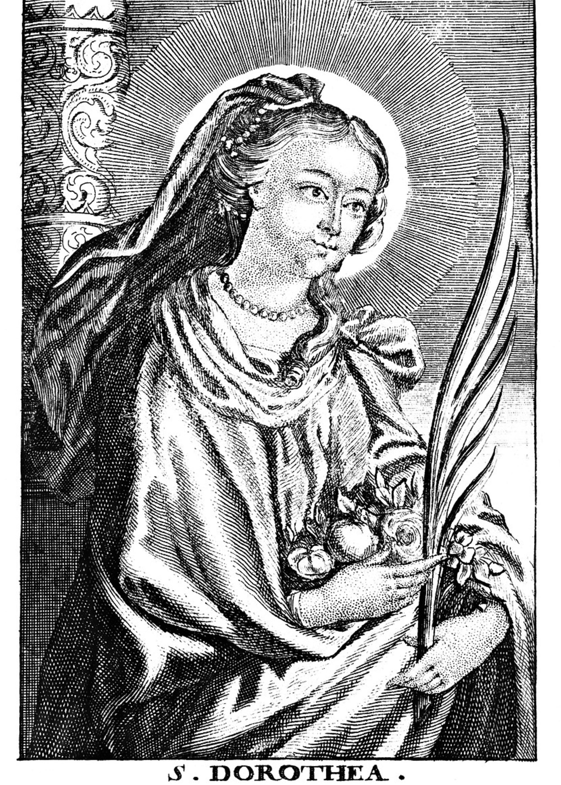 Svatá Dorota, patronka zahradníků, květinářek, nevěst a novomanželů, ochránkyně žen při porodech a v šestinedělí, při nebezpečí života a křivém obvinění žila na přelomu 3. a 4. století