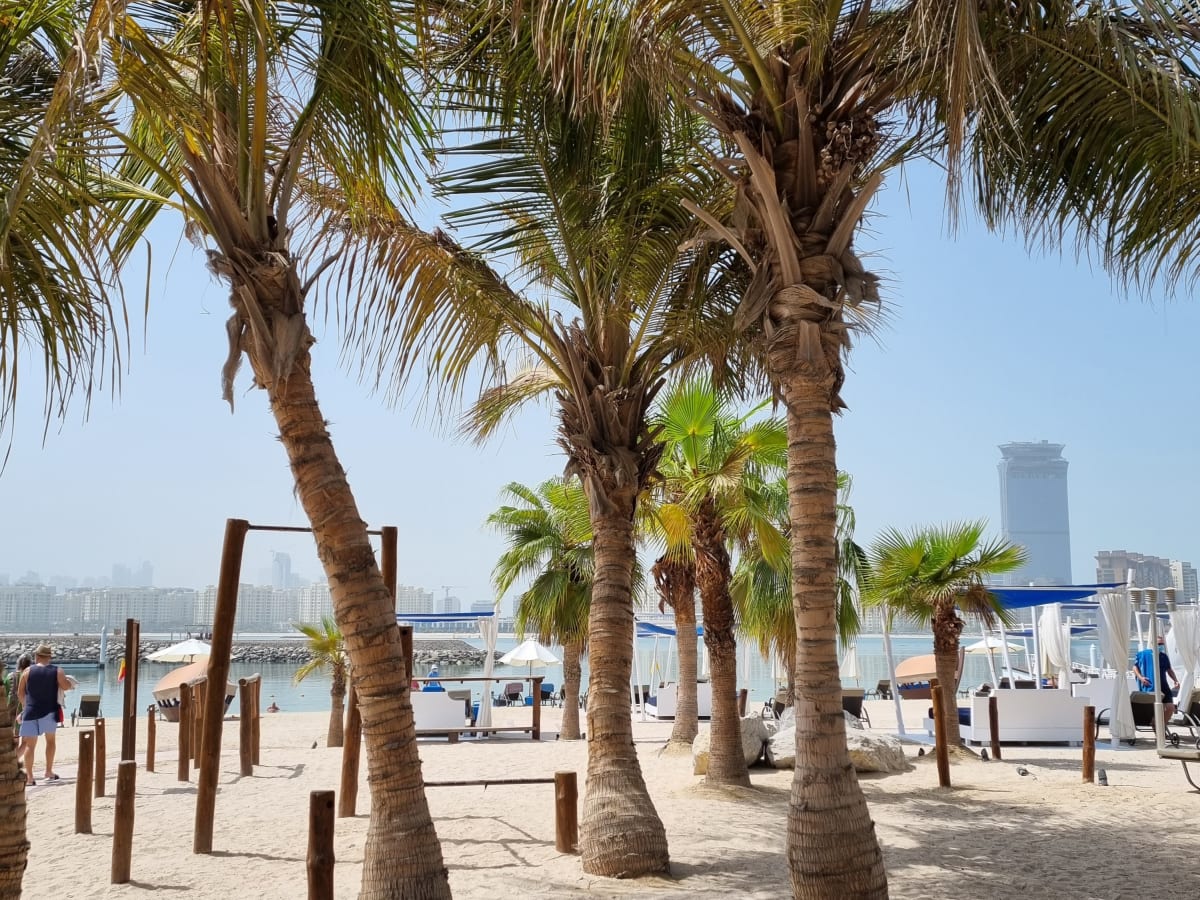 Dubajské pláže mají jak palmy, tak i výhledy na mrakodrapy.