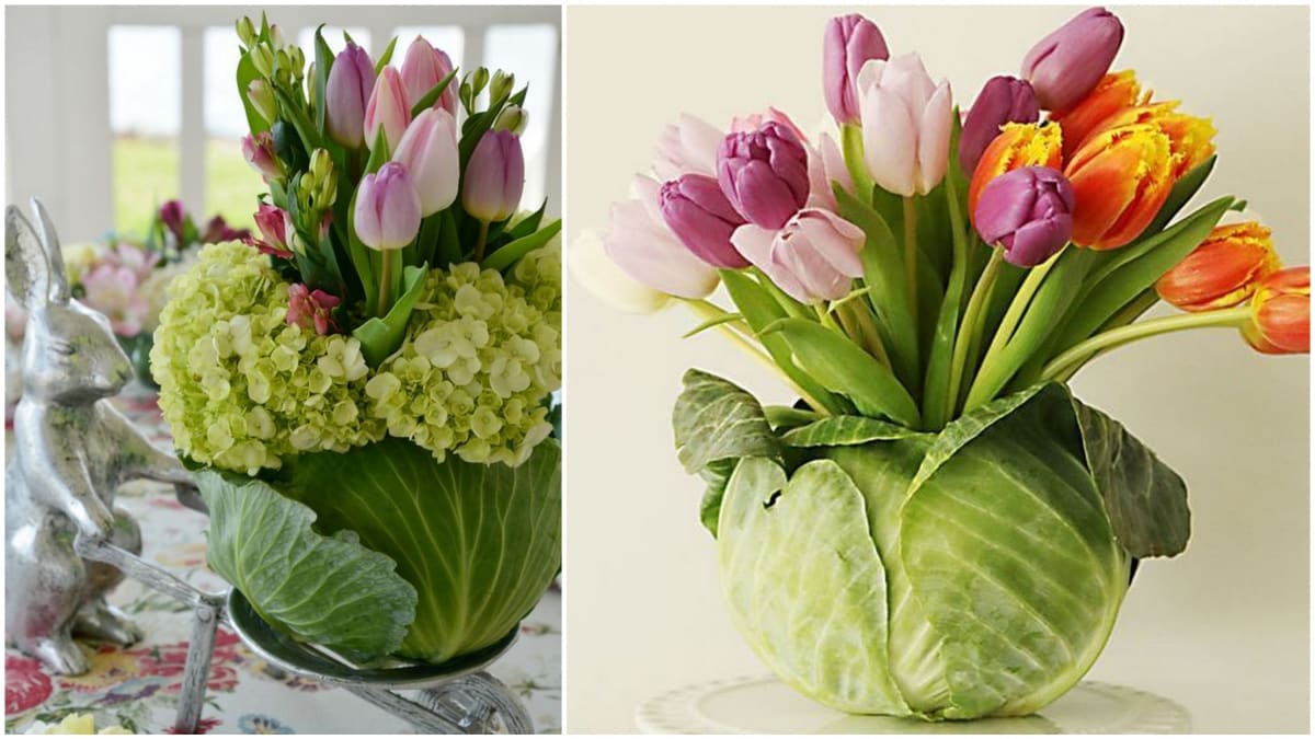 Tulipány v zelí: Bláznivý nápad? Kdepak! Výborný tip na netradiční vázu. 3