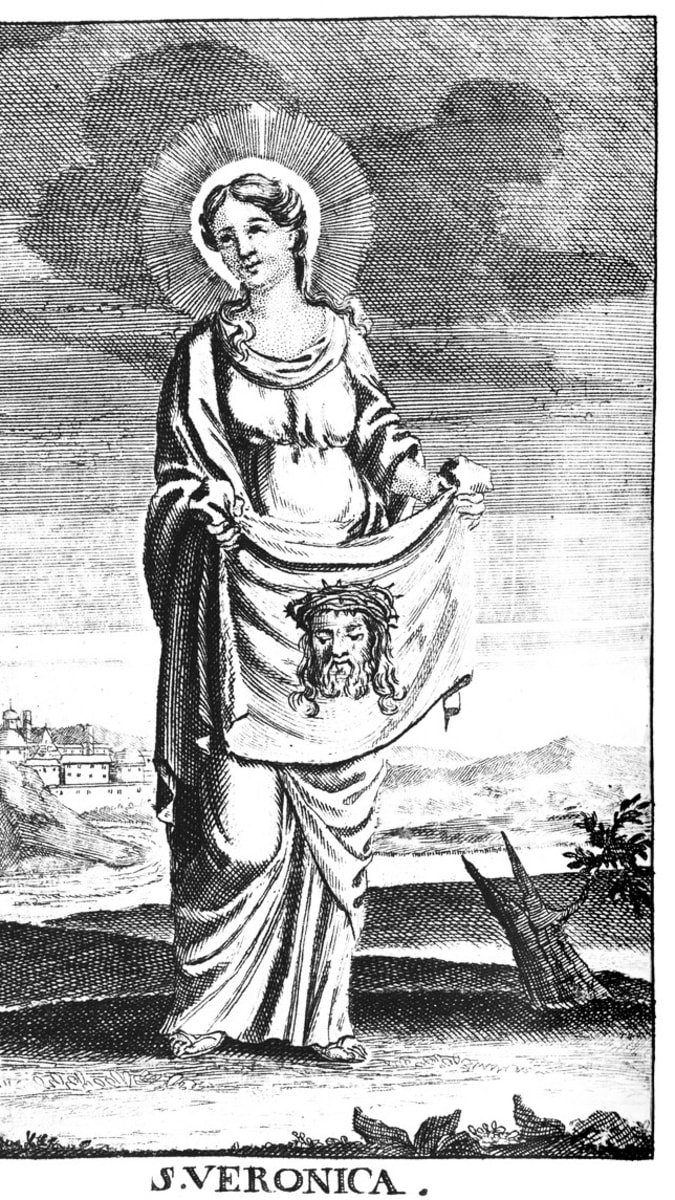 Svatá Veronika, patronka švadlen a pradlen, pomocnice při těžkých úrazech, bývá vyobrazena na šestém zastavení křížové cesty