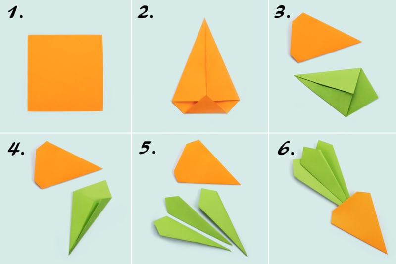 Papírové mrkvičky můžete skládat jako oblíbené origami. Podle návodu na fotografii to hravě zvládnete.