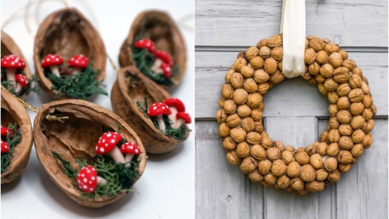 Ze skořápek vlašských ořechů vyrobíte vánoční ozdoby, věnce i krabičky na malé dárky