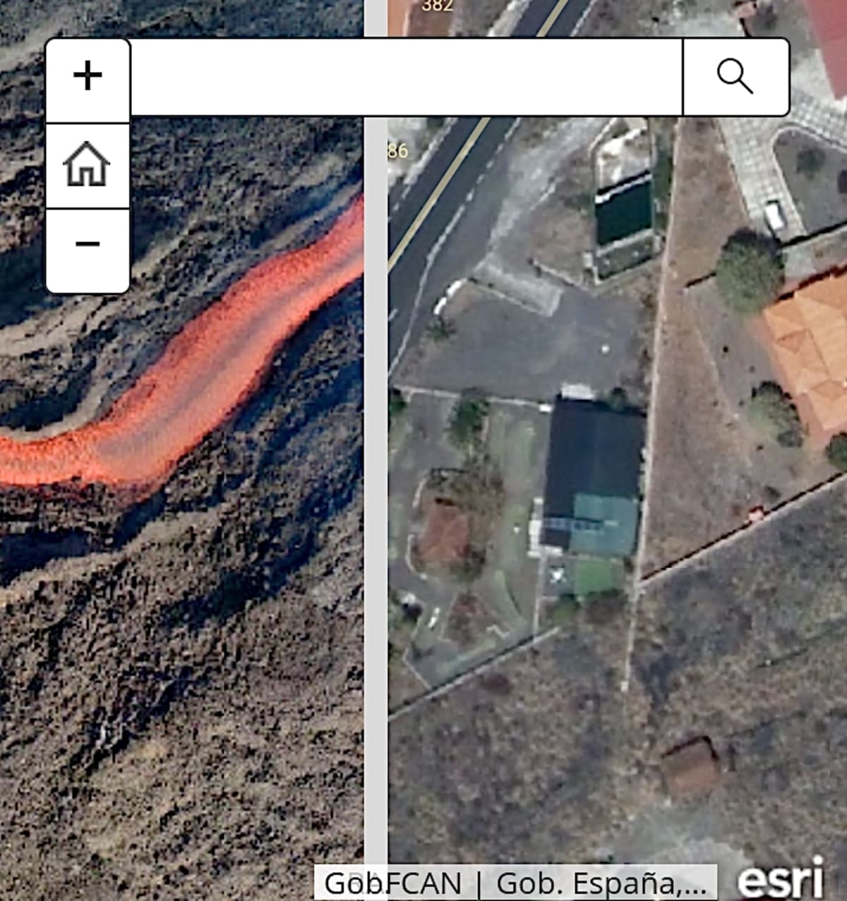 Srovnaní před a po, kudy vedla silnice a později láva po výbuchu sopky Cumbre Vieja.