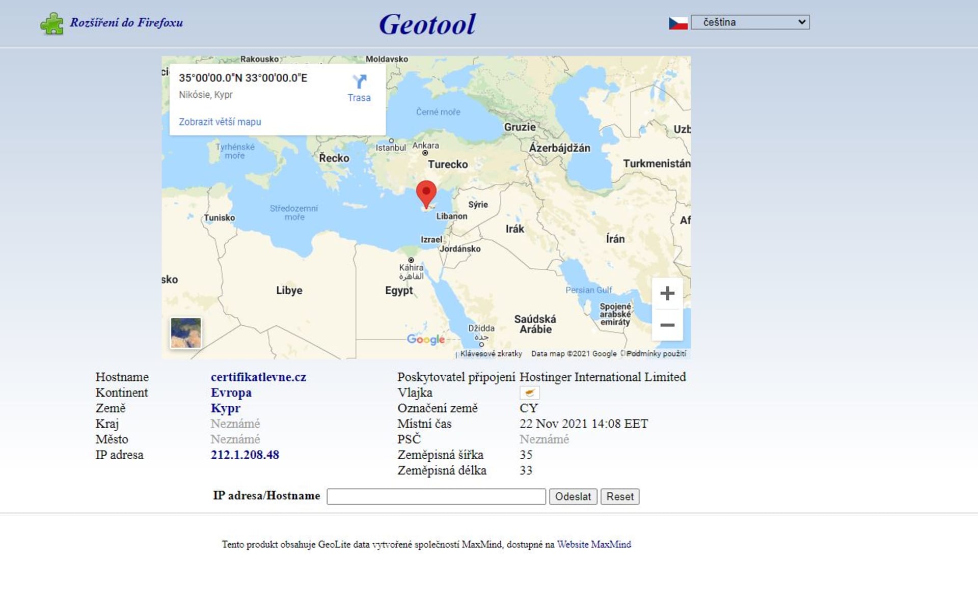 Podle nástroje Geotool se server webu Certifikáty levně nenachází v ČR, ale na Kypru.