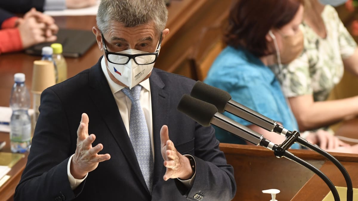 Premiér Andrej Babiš během projevu ve Sněmovně, kdy vyzýval poslance, aby místo covidu řešili zahrádkářský zákon. Snímek z 3. června 2021