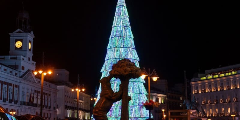Strom a madridský medvěd na náměstí Puerta del Sol ve španělské metropoli