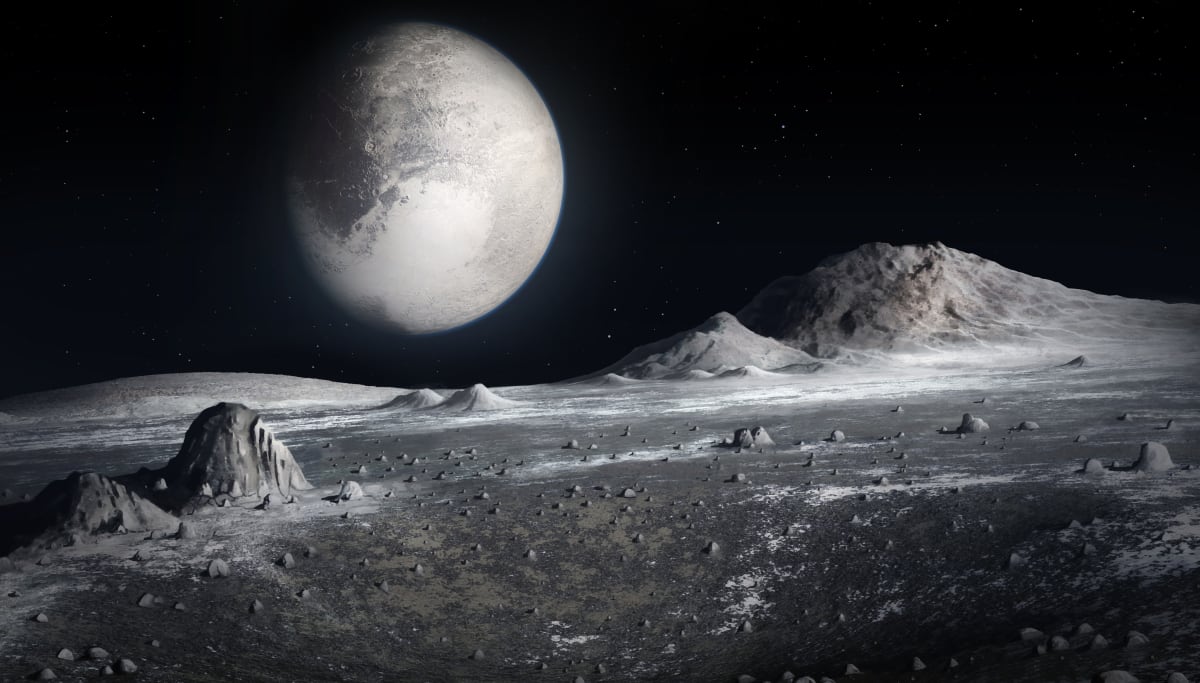 Takto bychom viděli Pluto, pokud bychom ho pozorovali z povrchu jeho měsíce Charona