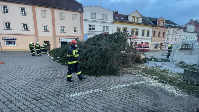 V Litvínově na náměstí spadl kvůli silnému větru vánoční strom. 
