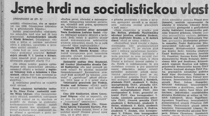 Reakce československých občanů na Chartu 77 v Rudém právu, ústředním deníku Komunistické strany Československa