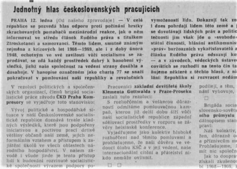 Reakce československých občanů na Chartu 77 v Rudém právu, ústředním deníku Komunistické strany Československa
