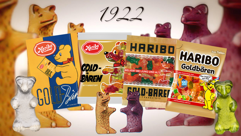 Koláž originálního obalu medvídků Haribo z roku 1922 s následným designem sáčků od 60. let minulého století do současnosti.