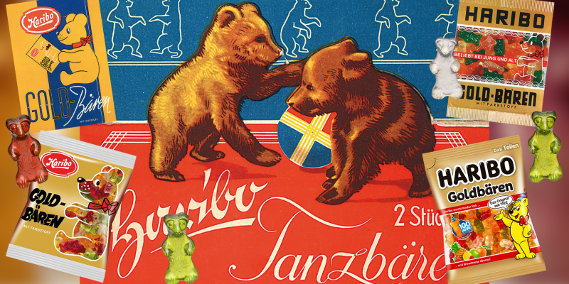 Koláž originálního obalu medvídků Haribo z roku 1922 s následným designem sáčků od 60. let minulého století do současnosti