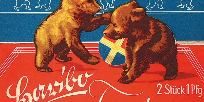 Jedna z prvních reklam na medvídky Haribo, dva se prodávaly v roce 1922 za jeden pfennig.