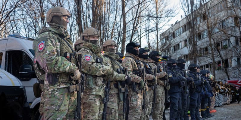 Ukrajinští vojáci na cvičení u Černobylu, začátek února 2022