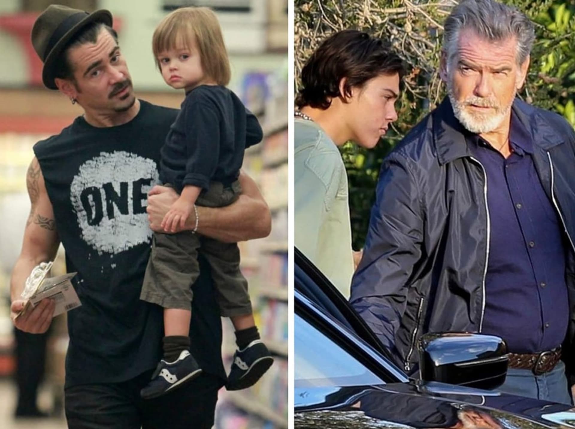 Colin Farrell se synem Henrym (2011). Pierce Brosnan se synem Parisem (2019).