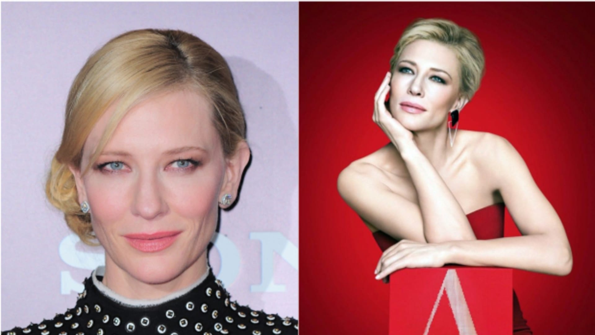Cate Blanchett před pár lety a v nové reklamě na parfém Sí