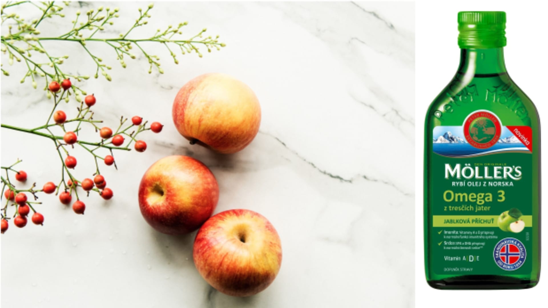 Věhlasný rybí olej Möller’s z Norska s novou příchutí jablka obsahuje velké množství omega 3 mastných kyselin a je také skvělým zdrojem vitaminů A, D a E, proto je jedním z nejlepších způsobů, jak posílit imunitní systém.