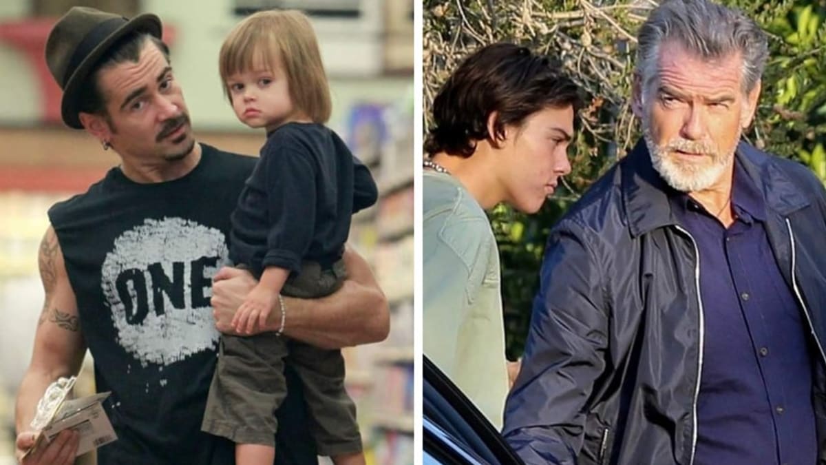 Colin Farrell se synem Henrym (2011). Pierce Brosnan se synem Parisem (2019).
