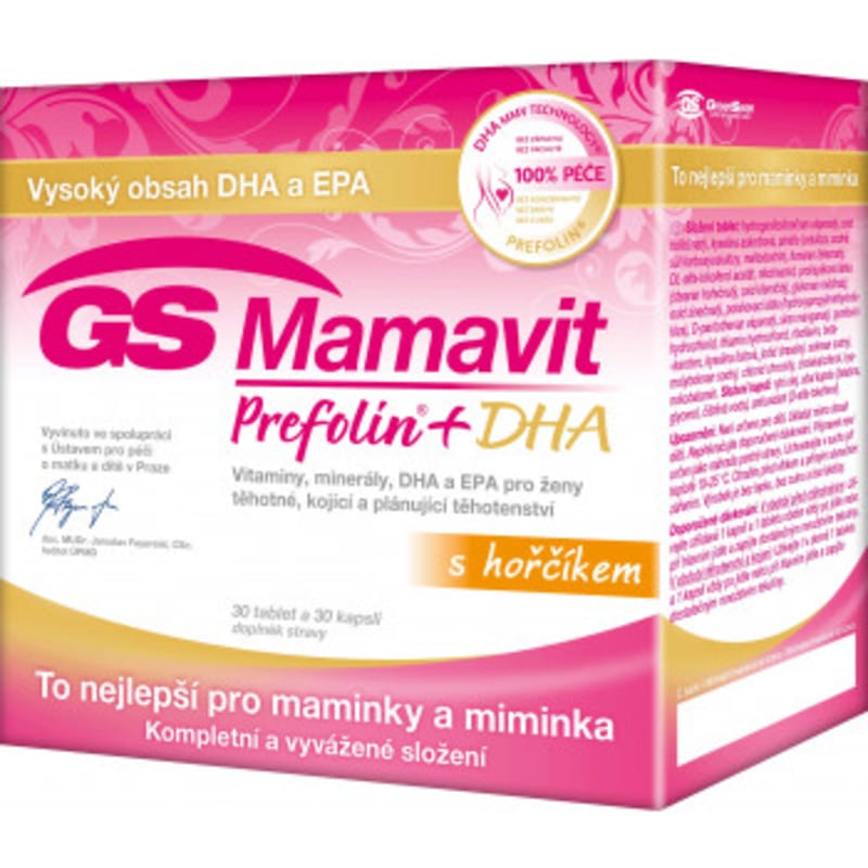 GS Mamavit Prefolin + DHA má v kategorii přípravků a vitamínů pro těhotné nejbohatší složení na trhu. Obsahuje totiž 23 vitamínů a minerálů a hlavně kyselinu listovou v přirozené formě.