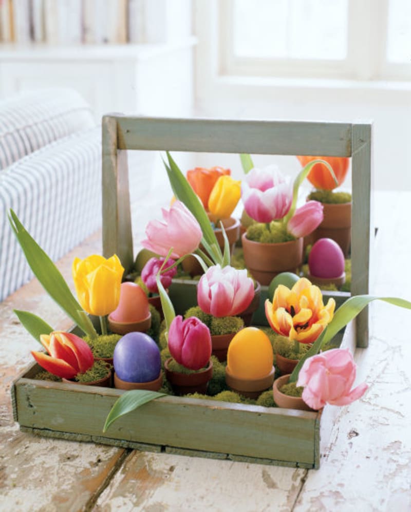 Tulipány k  jaru a Velikonocům patří. Dejte je do malých květináčků s aranžovací hmotou a přidejte trochu mechu. Stačí je pak jen naskládat na hezký podnos.