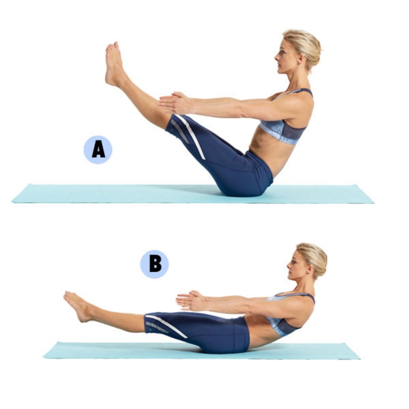 Pozice loďky s přitahováním - přitáhněte se pomocí břišních svalů směrem ke kolenům, vydržte na tři výdechy a jděte zpět, ale ne až do úplného lehu. Zopakujte 10x