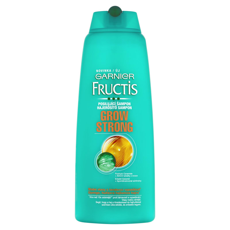 Pro pevnější vlasy, méně lámání a vypadávání: šampon s ceramidy a ovocnými výtažky  Grow Strong Fructis, 75 Kč
