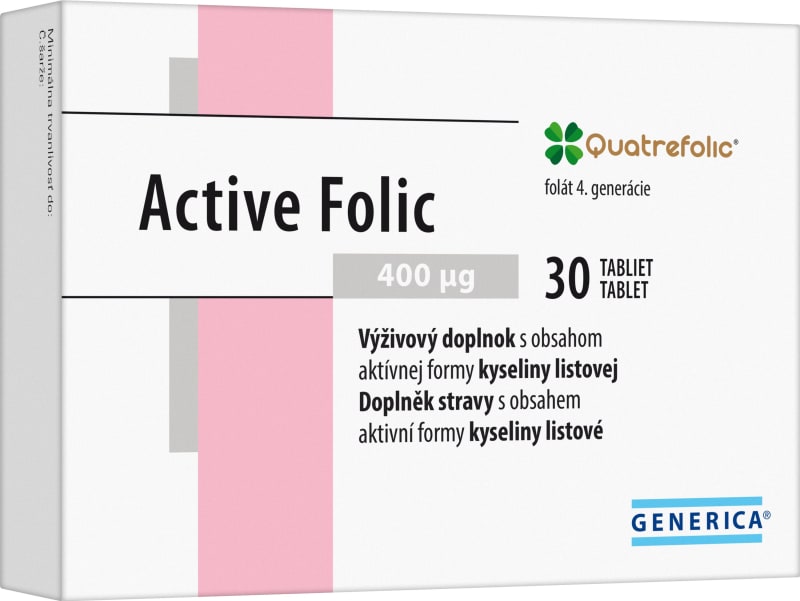 Active Folic obsahuje aktivní formu kyseliny listové, která má vysokou biologickou dostupnost, je okamžitě organismu k dispozici.