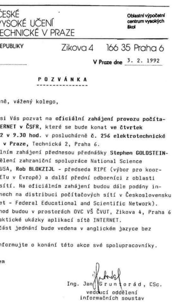 Pozvánka k oficiálnímu zahájení provozu počítačové sítě internet v Československu