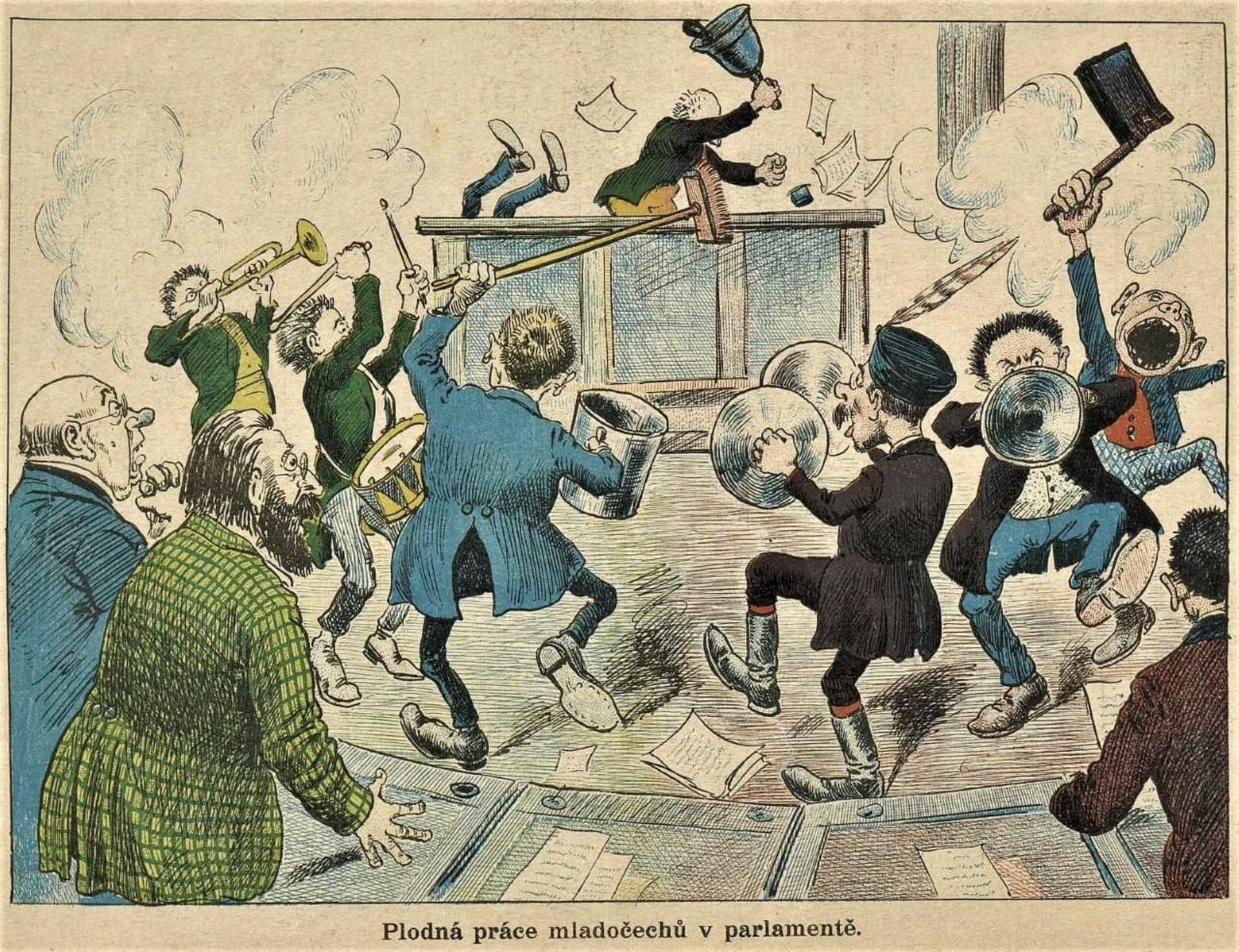Plodná práce mladočechů v parlamentu. Ilustrace z humoristického časopisu Rašple z roku 1900.