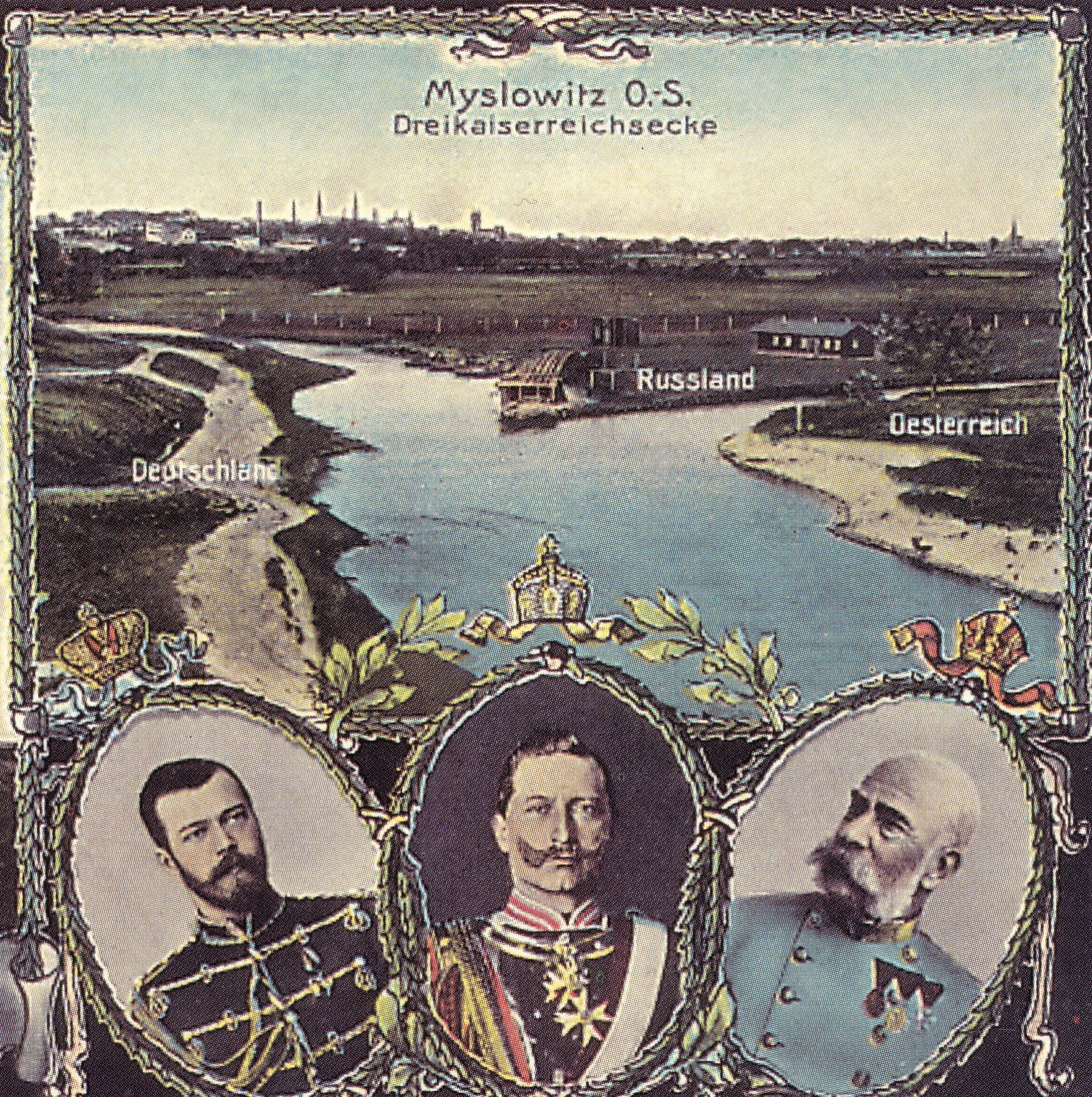 Trojmezí tří císařů u města Sosnowiec, které oddělovalo Rusko od Rakouska-Uherska a Německa v letech 1815 až 1914 . Německá pohlednice 