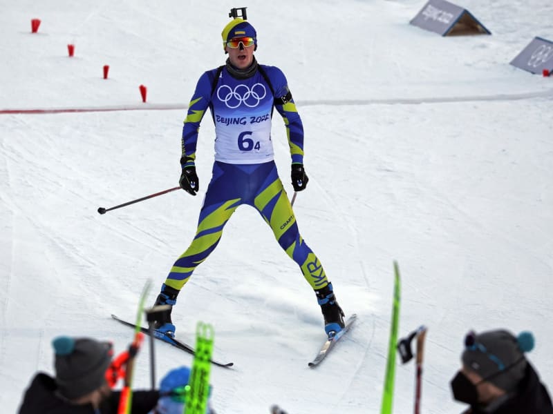 Ukrajinský biatlonista Dmytro Pidručnyj na olympiádě v Pekingu
