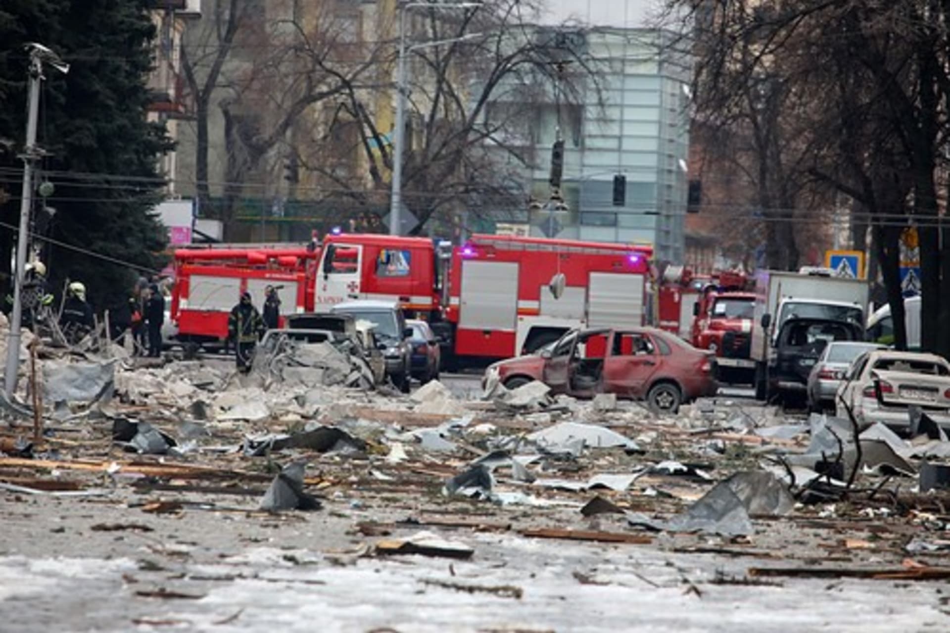 Zdevastované centrum Charkova (1. března 2022)